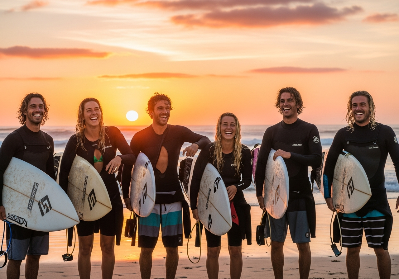 Friends sharing surf stories in Imsouane
