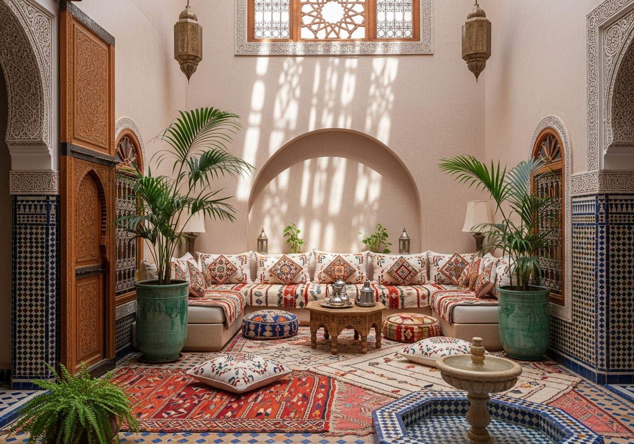 Bright Moroccan guesthouse interior with handcrafted details